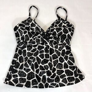 Miraclesuit Knot Front Tankini Swim Black White Gold Animal Print
